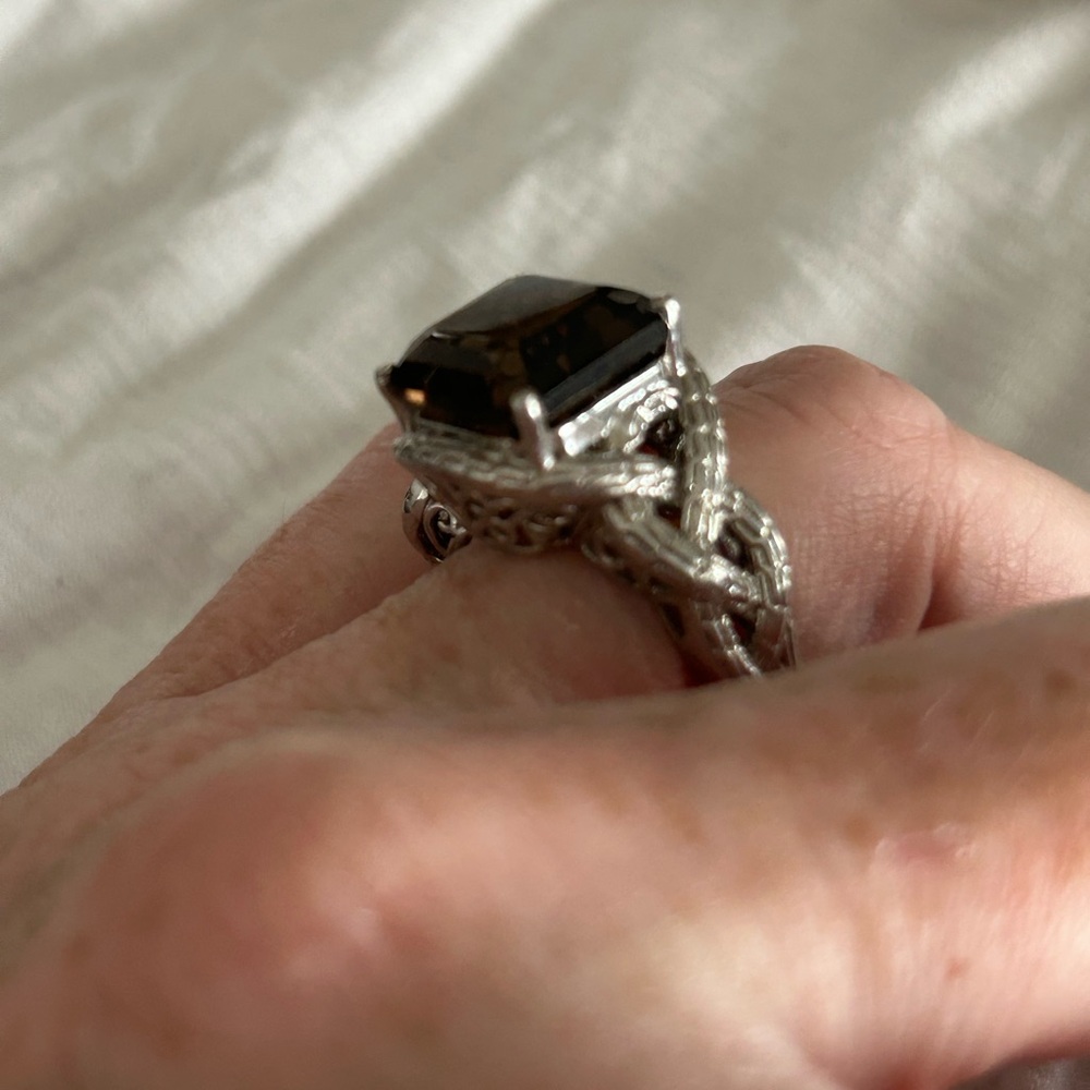 Sterling Silver Braided Ring with Dark Smoky Quartz size 8